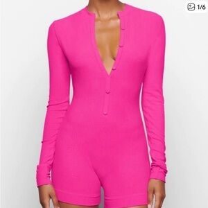 SKIMS Hot Pink Ribbed Long-Sleeve Romper